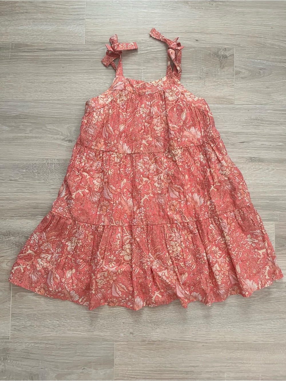 Crewcuts Girl’s Coral Floral Tiered Tie-Shoulder Dress - Size 8